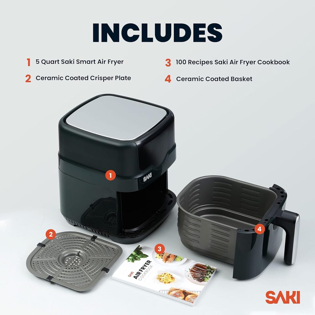 SAKI Smart WiFi Air Fryer 5 Quart, Air Fryer, Preheat, 7 Cooking Functions, 100 Recipes  Accessories Included, HF-8350DT, Black