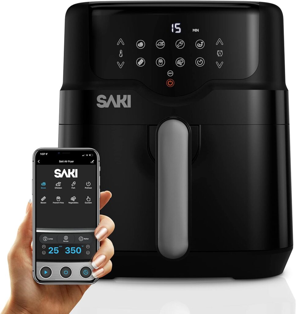 SAKI Smart WiFi Air Fryer 5 Quart, Air Fryer, Preheat, 7 Cooking Functions, 100 Recipes  Accessories Included, HF-8350DT, Black